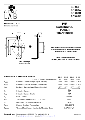 BDX68 Datasheet PDF Semelab - > TT Electronics plc 