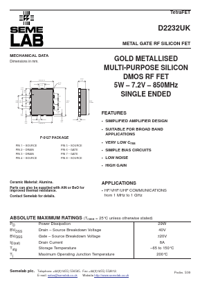 D2232UK Datasheet PDF Semelab - > TT Electronics plc 