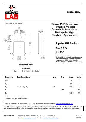 2N3791SMD Datasheet PDF Semelab - > TT Electronics plc 