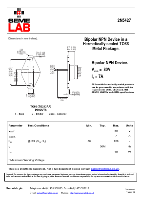 2N5427 Datasheet PDF Semelab - > TT Electronics plc 