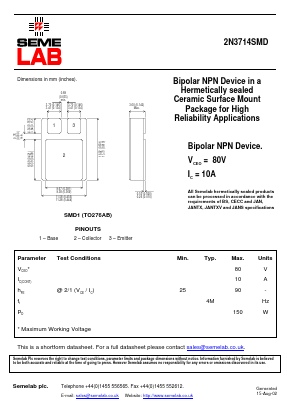 2N3714SMD Datasheet PDF Semelab - > TT Electronics plc 