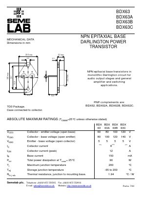 BDX63A Datasheet PDF Semelab - > TT Electronics plc 