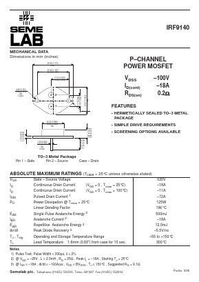 IRF9140 Datasheet PDF Semelab - > TT Electronics plc 