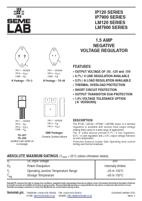 LM7915K Datasheet PDF Semelab - > TT Electronics plc 