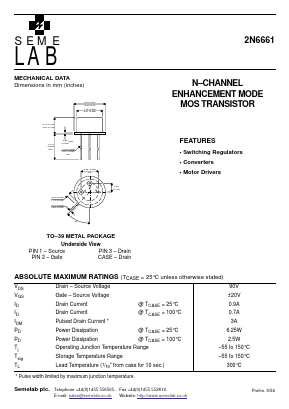 2N6661 Datasheet PDF Semelab - > TT Electronics plc 