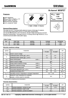 SW3N80 Datasheet PDF Xian Semipower Electronic Technology Co., Ltd.