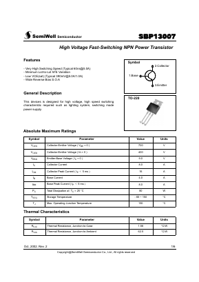 SBP13007 Datasheet PDF SemiWell Semiconductor