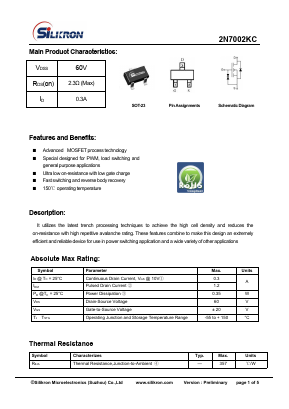 2N7002KC Datasheet PDF Silikron Semiconductor Co.,LTD.