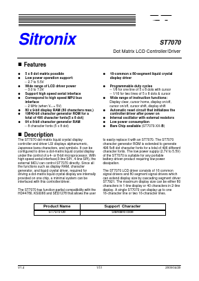 ST7070 Datasheet PDF Sitronix Technology Co., Ltd.
