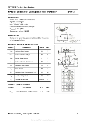 2N6051 Datasheet PDF Shenzhen SPTECH Microelectronics Co., Ltd.