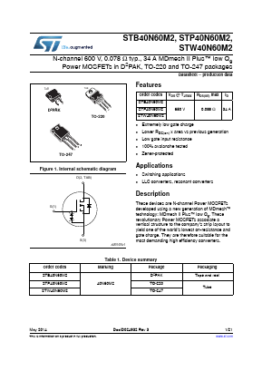 STW40N60M2 Datasheet PDF STMicroelectronics