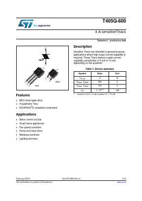 T405Q-600B Datasheet PDF STMicroelectronics