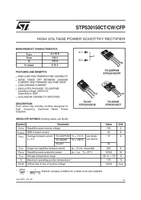 STPS30150CFP Datasheet PDF STMicroelectronics