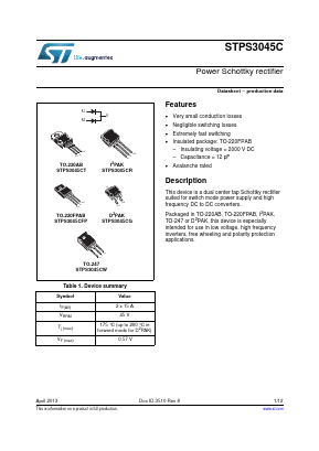 STPS3045CFP Datasheet PDF STMicroelectronics
