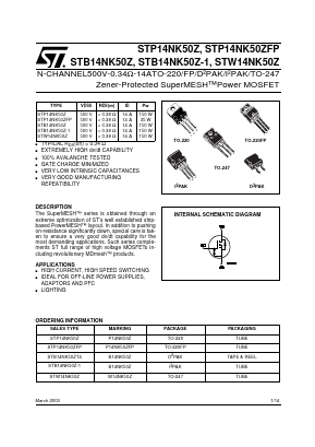 W14NK50Z Datasheet PDF STMicroelectronics