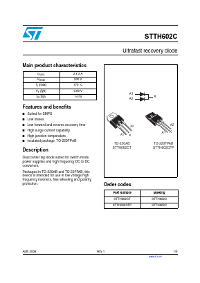 STTH602CFP Datasheet PDF STMicroelectronics