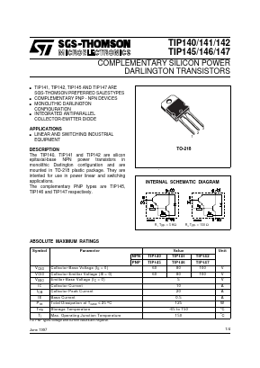 TIP142 Datasheet PDF STMicroelectronics