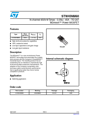 W45NM60 Datasheet PDF STMicroelectronics