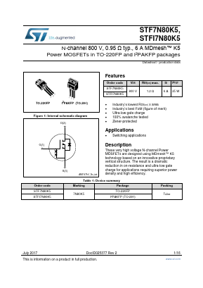 STF7N80K5 Datasheet PDF STMicroelectronics