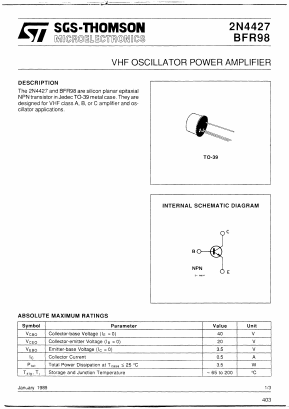 BFR98 Datasheet PDF STMicroelectronics