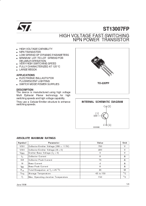 ST13007FP Datasheet PDF STMicroelectronics