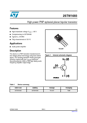 2STW1693 Datasheet PDF STMicroelectronics