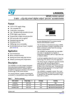 LIS302DLTR8 Datasheet PDF STMicroelectronics