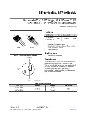 STI40N65M2 Datasheet PDF STMicroelectronics