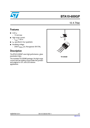 BTA10-600GPRG Datasheet PDF STMicroelectronics