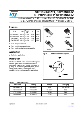 W13NK60Z Datasheet PDF STMicroelectronics