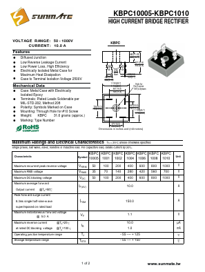 KBPC10005 Datasheet PDF SUNMATE electronic Co., LTD