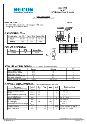 2SD1766 Datasheet PDF Secos Corporation.