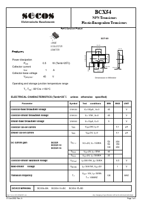 BCX54 Datasheet PDF Secos Corporation.