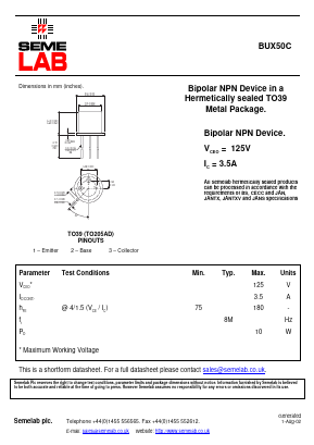 BUX50C Datasheet PDF Semelab - > TT Electronics plc 