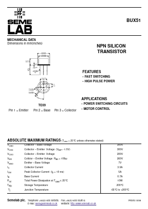 BUX51 Datasheet PDF Semelab - > TT Electronics plc 