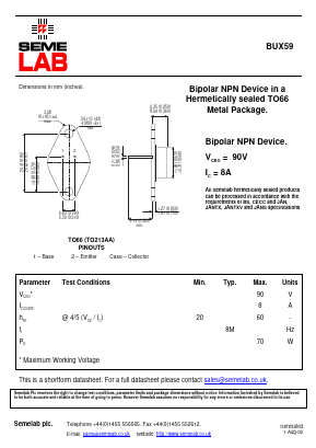 BUX59 Datasheet PDF Semelab - > TT Electronics plc 