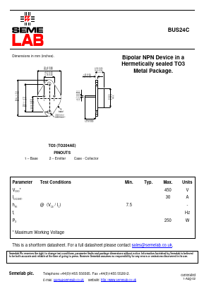 BUS24C Datasheet PDF Semelab - > TT Electronics plc 