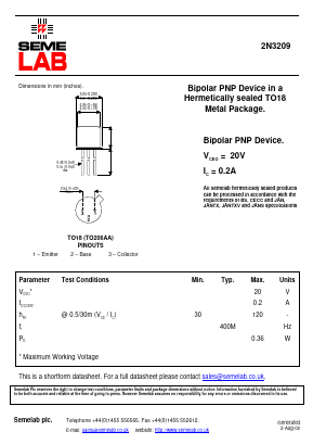 2N3209 Datasheet PDF Semelab - > TT Electronics plc 