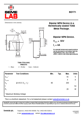 BDY71 Datasheet PDF Semelab - > TT Electronics plc 