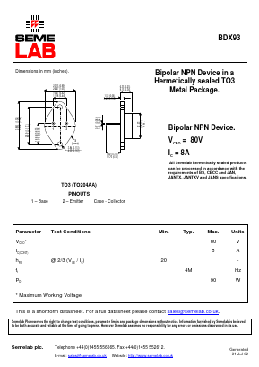BDX93 Datasheet PDF Semelab - > TT Electronics plc 