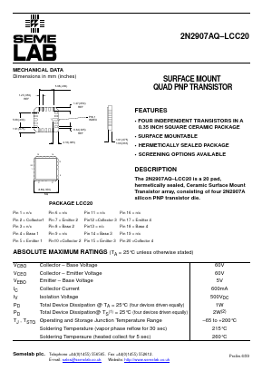 2N2907AQLCC20 Datasheet PDF Semelab - > TT Electronics plc 