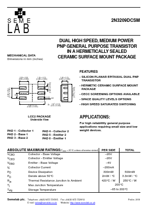 2N3209DCSM Datasheet PDF Semelab - > TT Electronics plc 