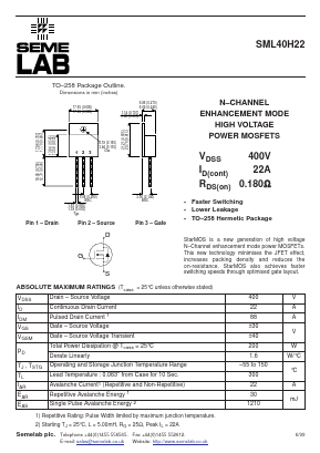 SML40H22 Datasheet PDF Semelab - > TT Electronics plc 