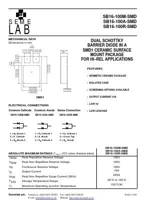 SB16-100A-SMD Datasheet PDF Semelab - > TT Electronics plc 