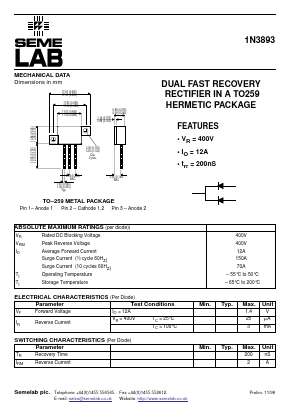 1N3893 Datasheet PDF Semelab - > TT Electronics plc 