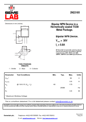 2N2218X Datasheet PDF Semelab - > TT Electronics plc 