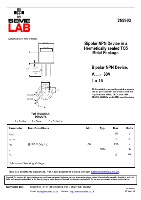 2N2993 Datasheet PDF Semelab - > TT Electronics plc 