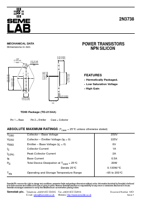 2N3738 Datasheet PDF Semelab - > TT Electronics plc 