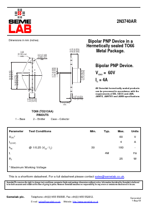 2N3740AR Datasheet PDF Semelab - > TT Electronics plc 