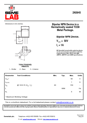 2N3945 Datasheet PDF Semelab - > TT Electronics plc 